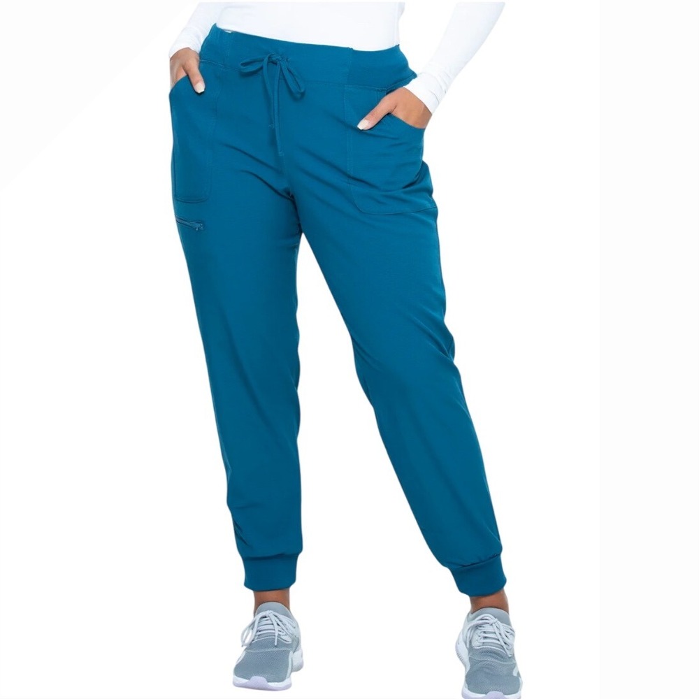 Womens Jogger Scrub Pants Drawstring Teal Blue Pockets Zipper Modern